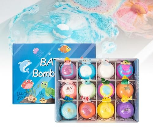 Ocean Toy Bath Salt Ball Sleeve Box Bath Bombs, 2026 New 12-Pack Bath Bombs with Surprise Spring Inside, Upgrade Easter Gifts Bubble Easter Basket Stuffers Easters Egg Fillers (Blue)