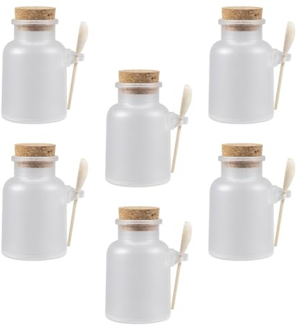 COSMEVIVI 6 Uppsättningar Transparenta Återfyllningsbara Burkar med Kork och Sked för Badsalt Pulver och Kosmetika Lufttäta för Personlig Vård och Skönhetssalonger Praktisk och Hygienisk för