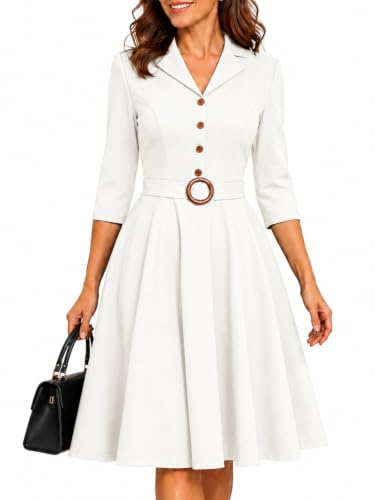 Fynadressr Women’s Vintage Lapel Collar Midi Tea Church Cocktail Dress 3/4 Sleeve Fit and Flare Work Office Dress with Detachable Belt Formal Wedding Guest Graduation Dress