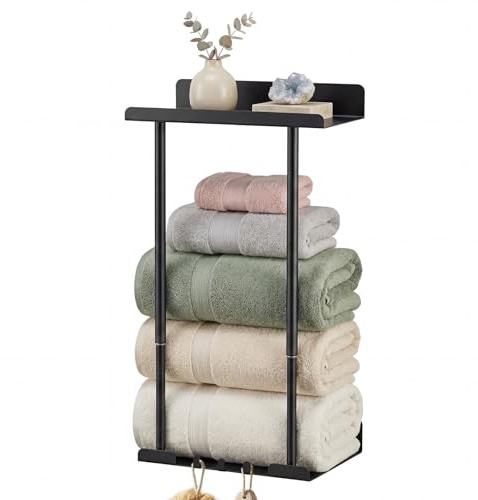 Levede Adjustable Towel Rack Wall Mounted – 41-75cm Telescopic Bathroom Towel Storage with Shelf & 3 Hooks, Self-Adhesive or Drill Installation, Heavy Duty Carbon Steel, Matte Black