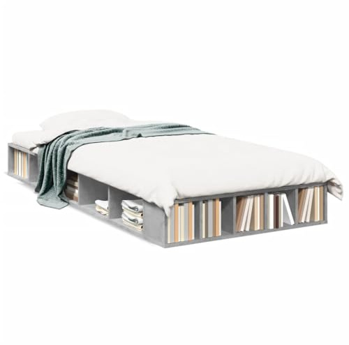 QJBSAVVA Bettgestell 90x200 cm aus Holzwerkstoff, Futonbett Einzelbett mit Stauraum und Lattenrost für Schlafzimmer, Jugendbett Betongrau