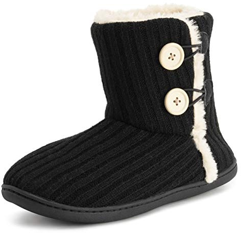 Polar Womens Memory Foam Knitted Button Faux Fur Outdoor Rubber Sole Plush Winter Comfort Slippers - Black - UK6/EU39 - YC0716