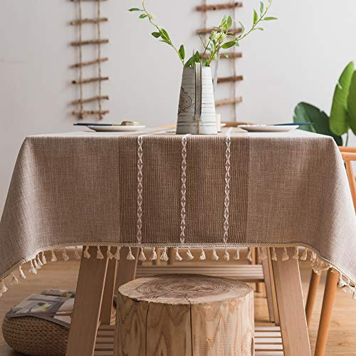 Plenmor Heavy Weight Cotton Linen Tablecloth Dust-Proof Tassel Table Cloth Cover for Kitchen Dinning Farmhouse Tabletop Decoration (140x250 cm, A-Brown)