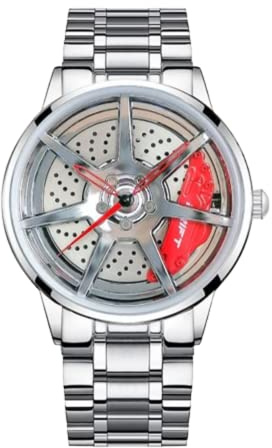 DriftElement Men's Rim Watch - Motorsport Design, 3D Rim, Stainless Steel, Mineral Glass, Quartz Movement, Silver-Red