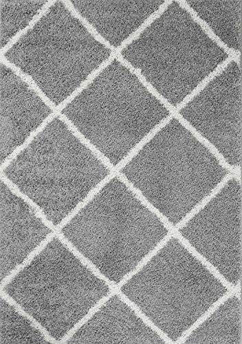 BPIL Shaggy Rug with Trellis Design - Soft Touch, Thick 5cm Fluffy Pile, Non-Shedding Area Rug for Living Room, Bedroom, Pet-Friendly (Silver, 80 x 150 cm)