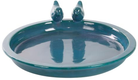 Esschert Round Bird Bath w/Birds, Ceramic, Petrol – Large