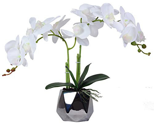 W&W künstliche orchideen im topf wie echt, künstliche orchidee Kunstblumen und kunstpflanzen mit Vase, weiße Kunstorchidee im silberner topf für home deko, 38x43cm