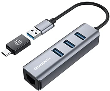 GRAUGEAR G-HUB31L-A - Hub USB 3.0 y Gigabit Ethernet LAN RJ45, USB-C, USB-A, Aluminio, Adaptador USB Type-C, Adaptador USB LAN, 3 Puertos