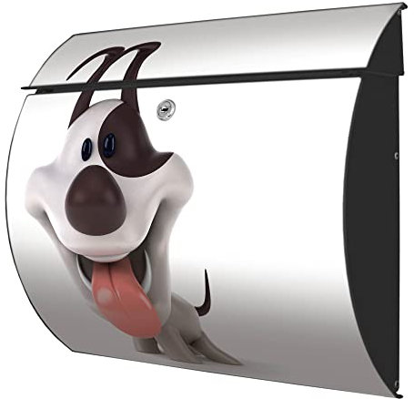 banjado® Burgwächter® Briefkasten anthrazit aus Stahl mit Motiv Comic-Hund/Briefkasten ohne Zeitungsfach/Postkasten mit Kippdach & Öffnungsstopp, 2 Schlüssel