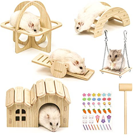 5 Stück Hamster Spielzeug aus Holz, Hamster Versteck Haus DIY Brücke Wippe Schaukel und Trainingspielzeug Käfig Dekor Zubehör Hamster Spielplatz für Rennmäuse Ratten und Zwerghamster