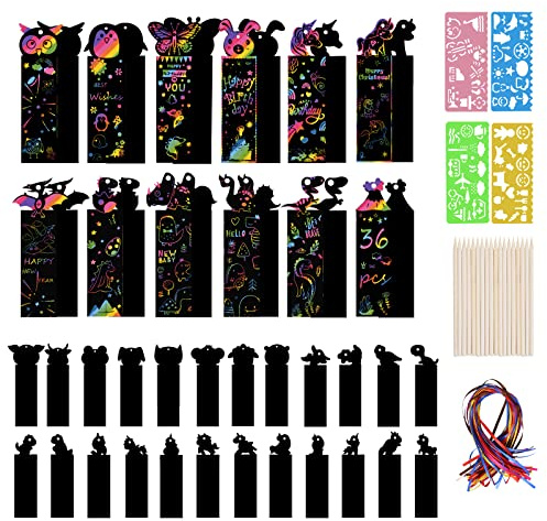 Vicloon Scratch Art-bokmärken, 36 st Rainbow Scratch-bokmärken Gör-det-själv-presentetiketter med 36 band och 18 träpennor, bokmärkesset för barn med 4 ritstenciler Skolklassrumsfestfavorit
