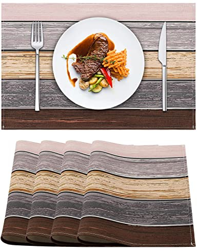 Tovagliette Set di 4 Tovaglietta Americana Lino Resistente al Calore Antiscivolo e Lavabile per Tavola e Cucina Strisce di Legno Marrone Grigio Design 45 X 32 cm Tovagliette All'americana (Marrone)