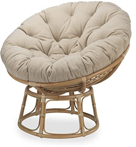 Desser Indoor Natural Rattan Papasan Chair with Cushion – Fully Assembled Adjustable Round Natural Cane Wicker Seat with UK Made Cushion in Neutral Latte Fabric – H97cm x W104cm x D95cm