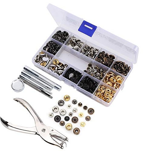 Set med 140 stycken 12,5 mm lädertryckknappar i metall, set med 5 set-verktyg, håltång för kläder, rockar, jackor, jeans, armband, väskor