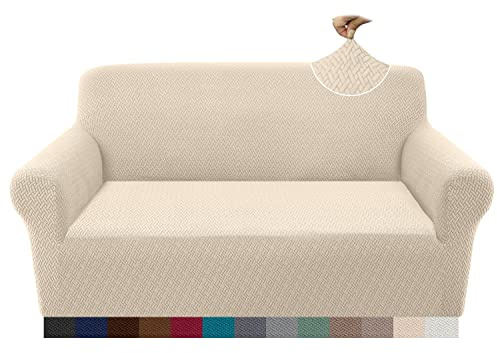 Granbest 2023 Neueste Jacquard Sofabezug 2 Sitzer Superweicher Rutschfester Stretch Couchbezug Vier Jahreszeiten Universal Elastische Sofahusse für Hunde, Katzen, Haustiere (2 Sitzer, Beige)