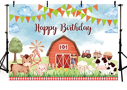 AIBIIN 2,1 x 1,5 m Cartoon Bauernhof Geburtstag Dekor Rote Scheune Tier Grün Rasen Flagge Babyparty Kuchen Smash Banner Kinder Portrait Foto Requisiten