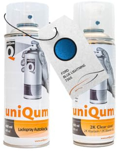 UniQum Autolack + Klarlack 2K Spraydose für FORD BLUE LIGHTNING 7365 Autolack Reparatur 2 x 400 ml