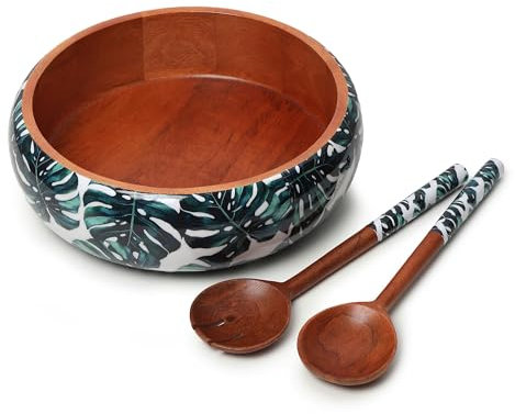 LAVAUX DESIGNS Ensaladera grande de madera de mango con dos cucharas de 12 pulgadas, hoja verde