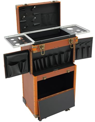 Kosmetikkoffer Trolley, Friseurkoffer Trolley mit Universal-Räder, Passwortschlössern und 2 Schlüsseln, 4 Schubladen Make-up Koffer für Maniküre, Hairstylisten, Kosmetiker, Make-up-Künstler, Braun