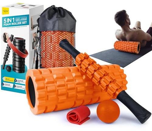 Krightlink 5 in 1 Foam Roller Set for Deep Tissue Muscle Massage, Trigger Point Fitness Exercise Foam Roller, Massage Roller, Massage Ball, Stretching Strap, for Whole Body (Orange Black)