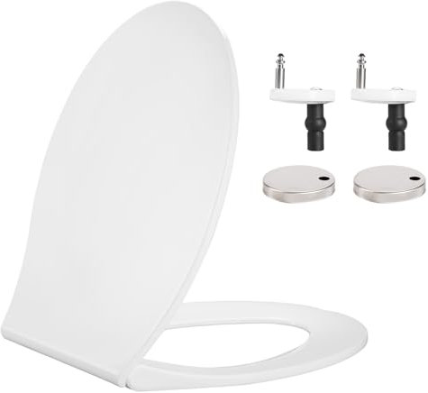 Hanra Oval Toilet Seat with Quick Removal and Soft Close Feature for Easy Cleaning, Standard Toilet Seat White with Adjustable Top Fix Installation Hinges, 450L x 360W