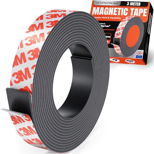Rotolo di nastro magnetico KapStrom (3 metri / 120 di lunghezza e 3 cm / 1,2 di larghezza), strisce magnetiche Premium con supporto autoadesivo resistente 3M, facile da tagliare su misura