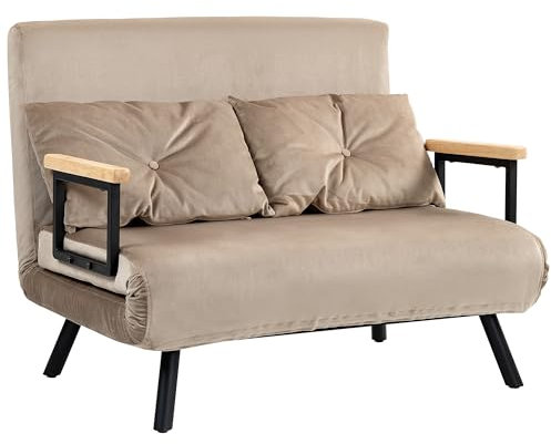 HOMCOM Schlafsofa 4 in 1 2 Sitzer Sofa mit Schlaffunktion, 183 x 98,5 cm Klappbar Couch Schlafcouch mit 5-stufig Verstellbarer Rückenlehne, Lendenkissen und Samtoptik für Wohnzimmer, Hellbraun