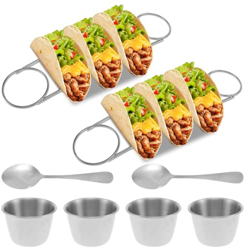 2Sets Taco Stand,Taco Holder Stands with Spoon Salad Cup,Tray Holds Up to 3 Tacos Suitable,Taco Serving Set,Rustproof Taco Rack Set,Burritos Tortilla Cooling Stand Rack for Kitchen Restaurant (Silver）