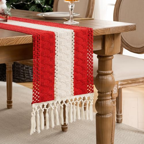 Aisybaklyn Runner Tavolo Boho Runner da Tavola Natale Rosso Runner da Tavolo con Nappa in Cotone e Lino Runner da Tavola Lavabile Bohémien Autunno Rustico 30X140 per Matrimonio,Compleanno, Feste