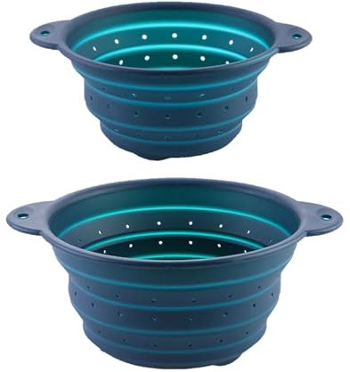 Surwin Scolapasta Pieghevole Salvaspazio, Scolapasta Silicone Verdura Cesto Scolapasta Plastica Silicone Pieghevole 2 Pezzi, per Drenare Pasta, Frutta, Verdura (Blu)