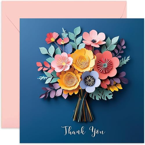 Thank You Cards - Paper Cut Art of Flower Bouquet - Pastel Coloured Thank You Greeting Card - For Female Friend, Sister, BFF, Daughter - None 3D design - Cute Design