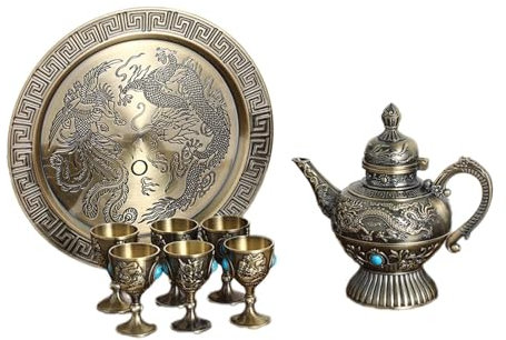 LOVIVER Ensemble de théière Turque Vintage, Carafe à vin, Tasses d'artisanat d'art, pichet en Verre à vin, Ornements artisanaux, Bar à Domicile, Patine Verte