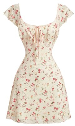 GORGLITTER Sommerkleid Damen Kurz Boho Kleid Mini Kleid Mit Blumen Elegant A Linien Kleid Rüschenkleid Minikleid Geblümtes Kleid Mit Knoten Aprikosenfarben S