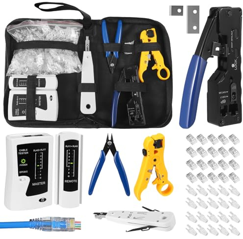 Netzwerk Werkzeug Set, RJ45 Crimpzange Set mit 50 x RJ45 Stecker Cat7/Cat6a Pass Through für Netzwerkstecker CAT5/CAT6/CAT7, Abisolierzange, RJ45/RJ11/RJ12 Reparaturwerkzeuge mit Netzwerktester