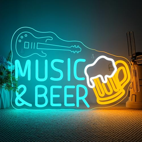 VYXIN Musik Bier Neon Schild,Beer Gitarre Led Schild,Music Neon Sign Leuchtschilder Anwendbar für die Dekoration von Orten wie Bierbars, Livehouses, Mannlöcher, Partys, Musikstudios, Heim, Clubs