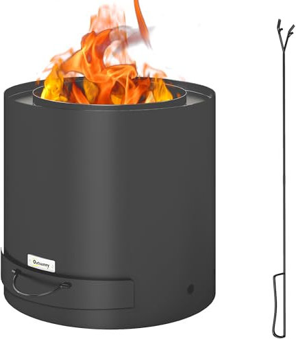 Outsunny Feuerschale Ø45 x 42cm aus Stahl Feuerstelle mit Schürhaken Aschenwanne Feuerschalen für Garten, Balkon Terrasse, Outdoor BBQ Camping Schwarz
