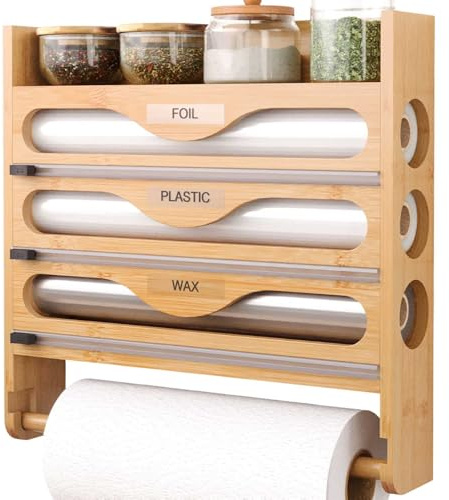 NBUABX Folienschneider mit Küchenrollenhalter Wand & Gewürzregal, Frischhaltefolienspender Kompatibel 12 Frischhaltefolie, Alufolienspender und Frischhalte, Folienspender in der Schublade