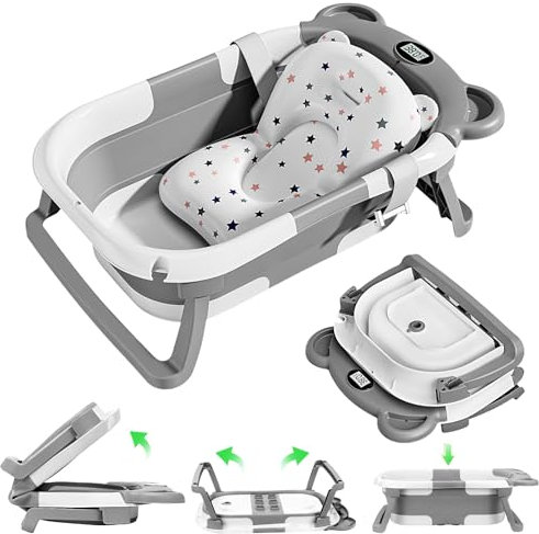 Mexgcom BañEra de Bebé, BañEra Plegable Con Almohada De BañO, BañO De Bebé ErgonóMico Con TermóMetro Integrado Para ReciéN Nacidos De 0-36 Meses (Gris)