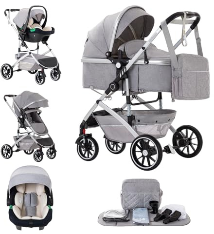 Kakbgee Passeggino 3 in 1, sistema da viaggio City Carrozzina, pieghevole con un clic, carrozzina e seggiolino auto con zanzariera, passeggino alto per neonati da 0 a 4 anni, grigio chiaro