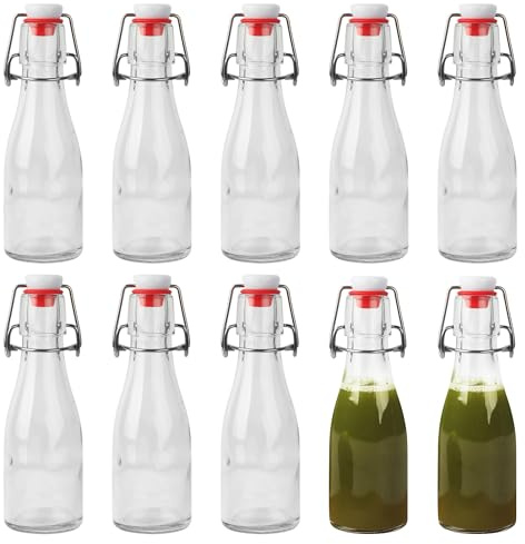 BUCOMTU Lot de 10 Bouteille en Verre 150ml avec Bouchon Mécanique, Bouteille en Verre Avec Bouchon,Pour Remplissage, Sirops, Boissons, Huiles Alimentaires, Vinaigres Aromatisés (Lot de 10-150ml)
