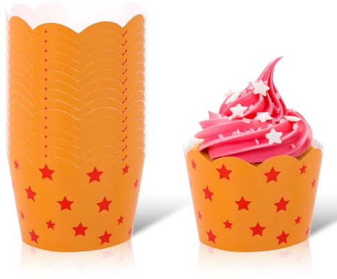 24stk Cupcake-Förmchen mit Anime-Motiv, Cupcake-Halter mit Gelbem und Rotem Sternendruck Cupcake-Liner-Verpackung für Party-Dekorationen zum Thema Geburtstag von Mädchen und Jungen