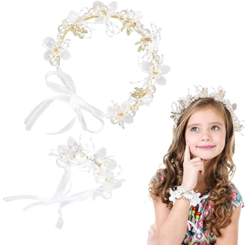 JYNXOR Bracciale + Fascia per capelli da comunione con fiore bianco Coroncina da principessa in cristallo Accessori per capelli con perle di strass Ragazze e bambina