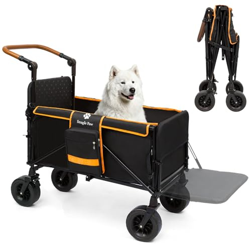 Snagle Paw Hundewagen mit Heckklappe&Ramp,Extra groß Faltbarer Hundebuggy Cart Für Große und Mittelgroße Hunde,Verstellbarem Griff&Feststellbremse 4 Rädern für Spaziergänge,Jogging,Reisen,bis zu 90kg