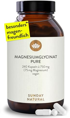 SUNDAY NATURAL® Magnesium Bisglycinat Premium - 240 Kapseln - 150mg reines Magnesium Glycinat Tagesdosis - Magnesiumglycinate als organisches Aminosäurechelat – Laborgeprüft, vegan