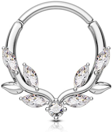 OUFER Septum Piercing Schmuck Blatt Klar CZ Silber Gold Daith Ring 16G Helix Ohrring Ring 316l Edelstahl Septum Daith Piercing Knorpel Helix Clicker Schmuck für Frauen 8 10 mm