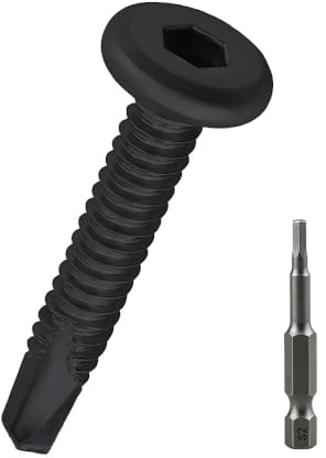 50-Pack #14 x 1 Flat Round Head Socket Cap Sheet Metal Screws Black, 410 Stainless Steel Self Drilling Screws for Metal, Socket Bit Included