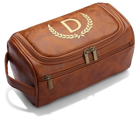 CGFN Herren-Kulturbeutel, personalisierbares Geschenk für Männer, personalisierbar, PU-Leder, Kulturbeutel mit Initiale zum Aufhängen, Weihnachts- und Geburtstagsgeschenke, hellbraun, M