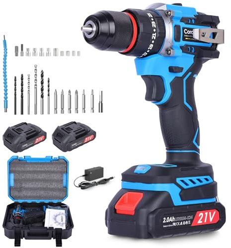 Cordless Drills Driver Brushless: 21V Electric Drills Set with 2000mAh Battery, Power Drill 60N.m Max, 21+1 Torque, 2 Speed, LED Light, 25pcs Combi Drill for Home, Garden DIY Project (Style1)