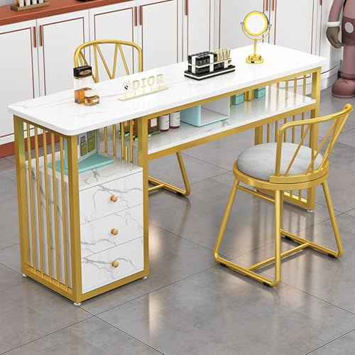 Estación de Mesa de manicura Nail, Escritorio de Textura de mármol con estantes Abiertos y 3 cajones, Trabajo de salón de SPA, escritorios Nails Tech (100X40X78Cm)