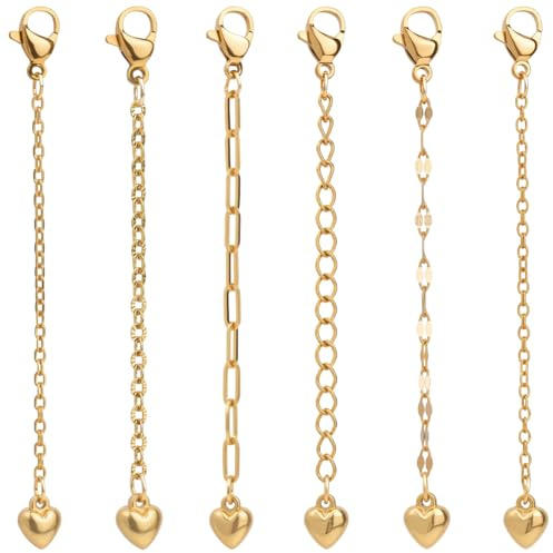 BEAMARKER 1 Boîte de 6 Pièces Or Bracelet Chaîne d'extension Collier Chaîne d'extrémité Charm en forme de cœur 304 Bijoux en acier inoxydable Fermoir homard Connecteur de connexion pour Collier Bracel